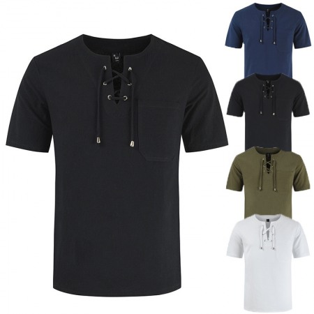 New Summer Men's Casual Short-Sleeved T-Shirt Cotton and Linen Lace Casual Fashion T-Shirt